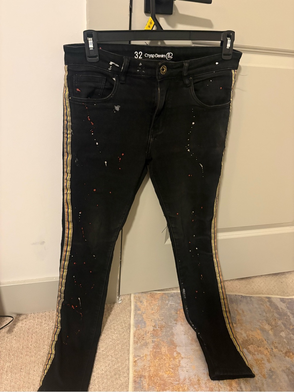 Crysp Denim Black Slim Paint-Splatter Jeans with Gold Side Stripe - Men size 32